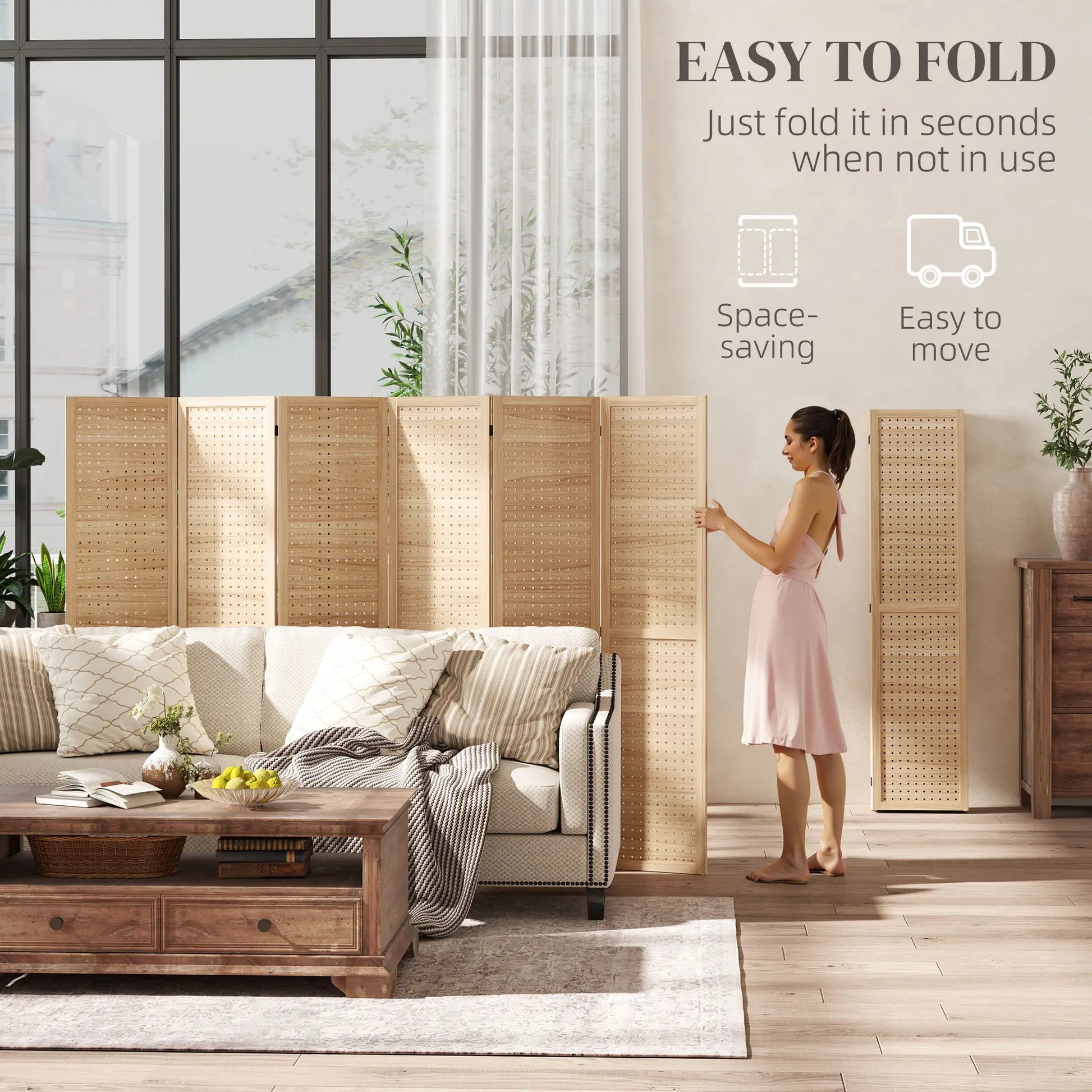 5.6 Ft. Tall 6-Panel Room Divider, Freestanding Folding Privacy Screen, Natural Room Dividers at Gallery Canada