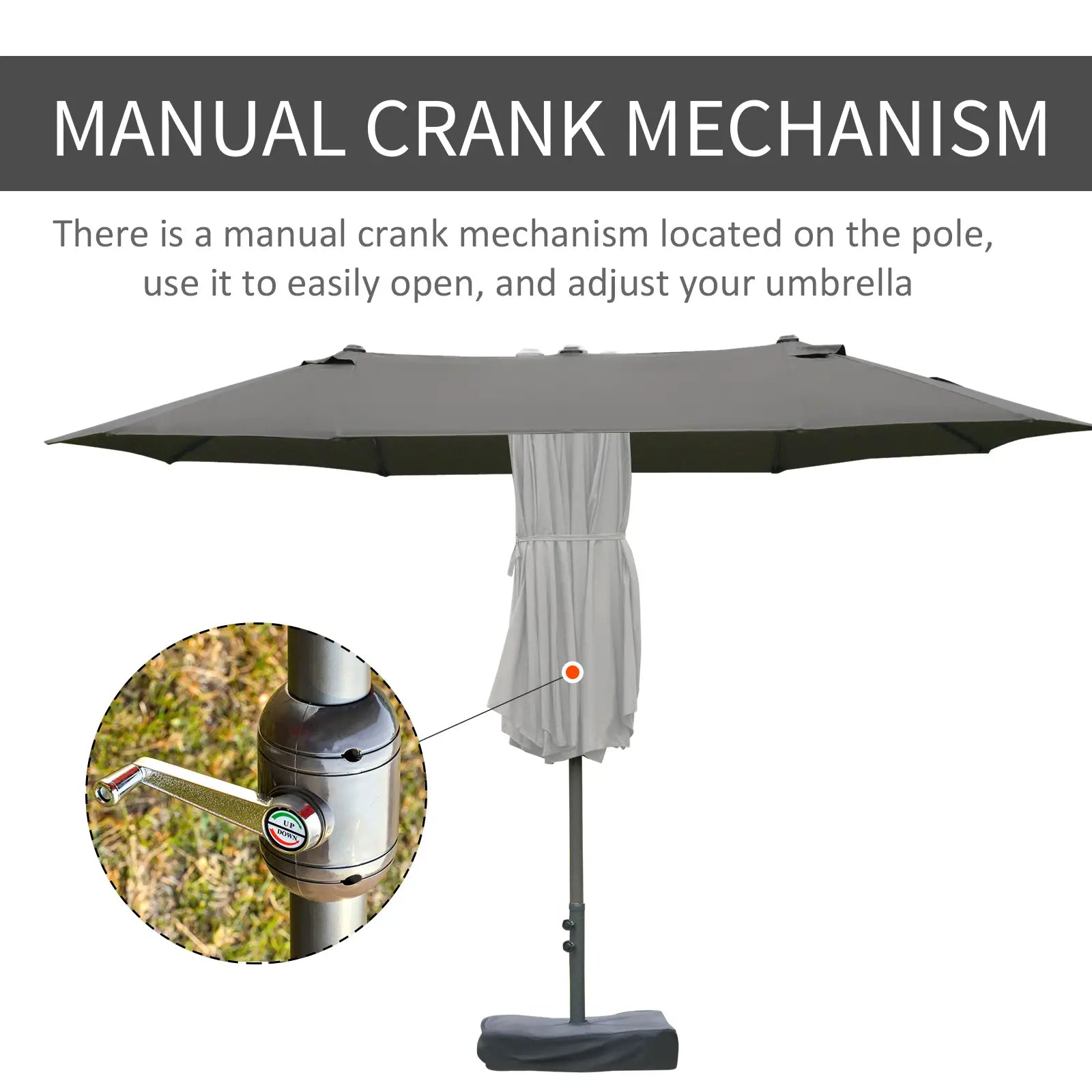 15' Outdoor Patio Umbrella, Twin Canopy Sunshade, Steel Table, Lift Crank, Dark Grey Sun Umbrellas at Gallery Canada