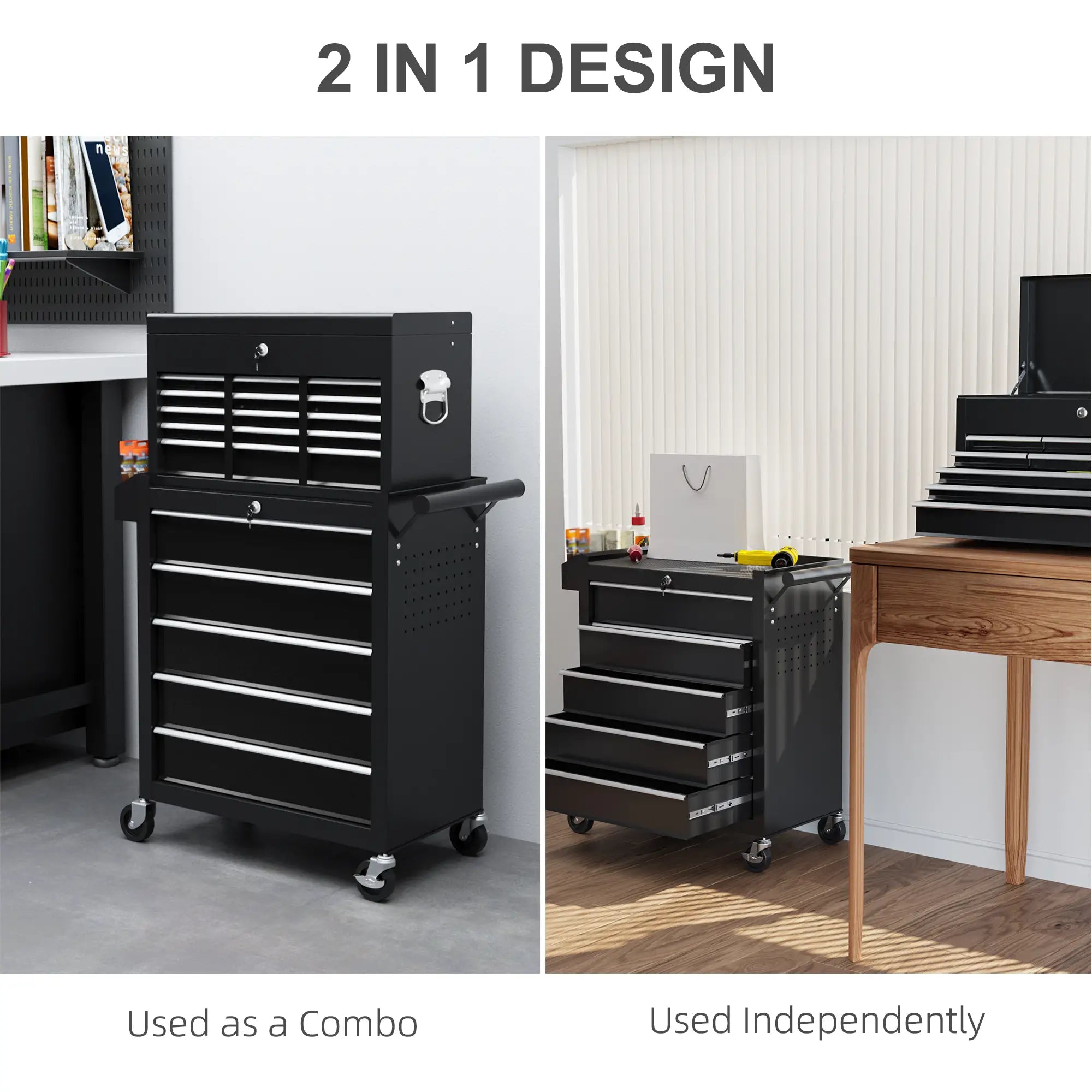 14 Drawer Rolling Tool Chest, Lockable Storage Cabinet, Detachable Toolbox, Black Tool Organizers at Gallery Canada