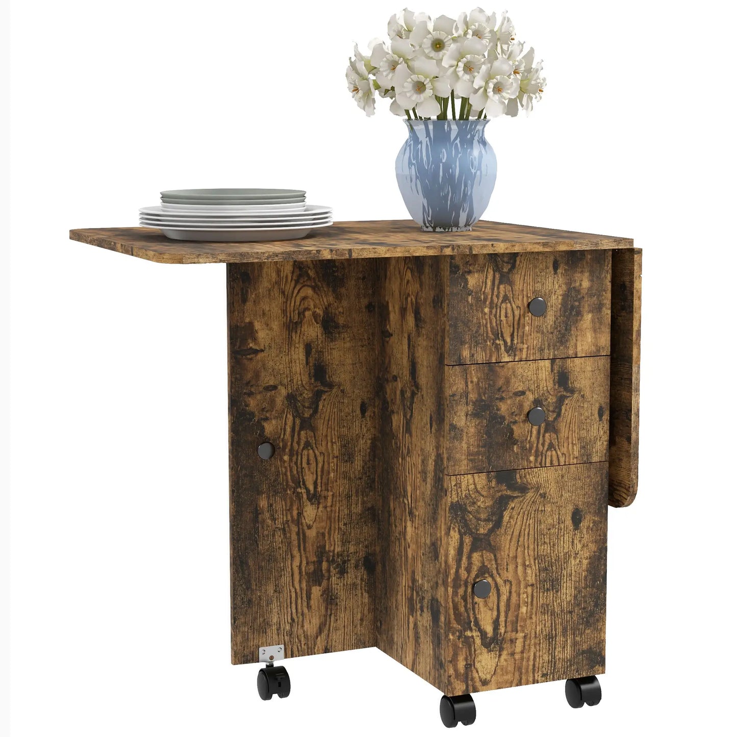 Drop Leaf Dining Table, Mobile Folding Table With Drawers, Rustic Brown, Brown Bar Tables & Dining Tables Rustic Brown at Gallery Canada