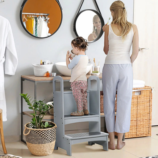2 Step Stool with Support Handles, Non-Slip Pad, Grey Toddler & Kids Step Stools Grey at Gallery Canada