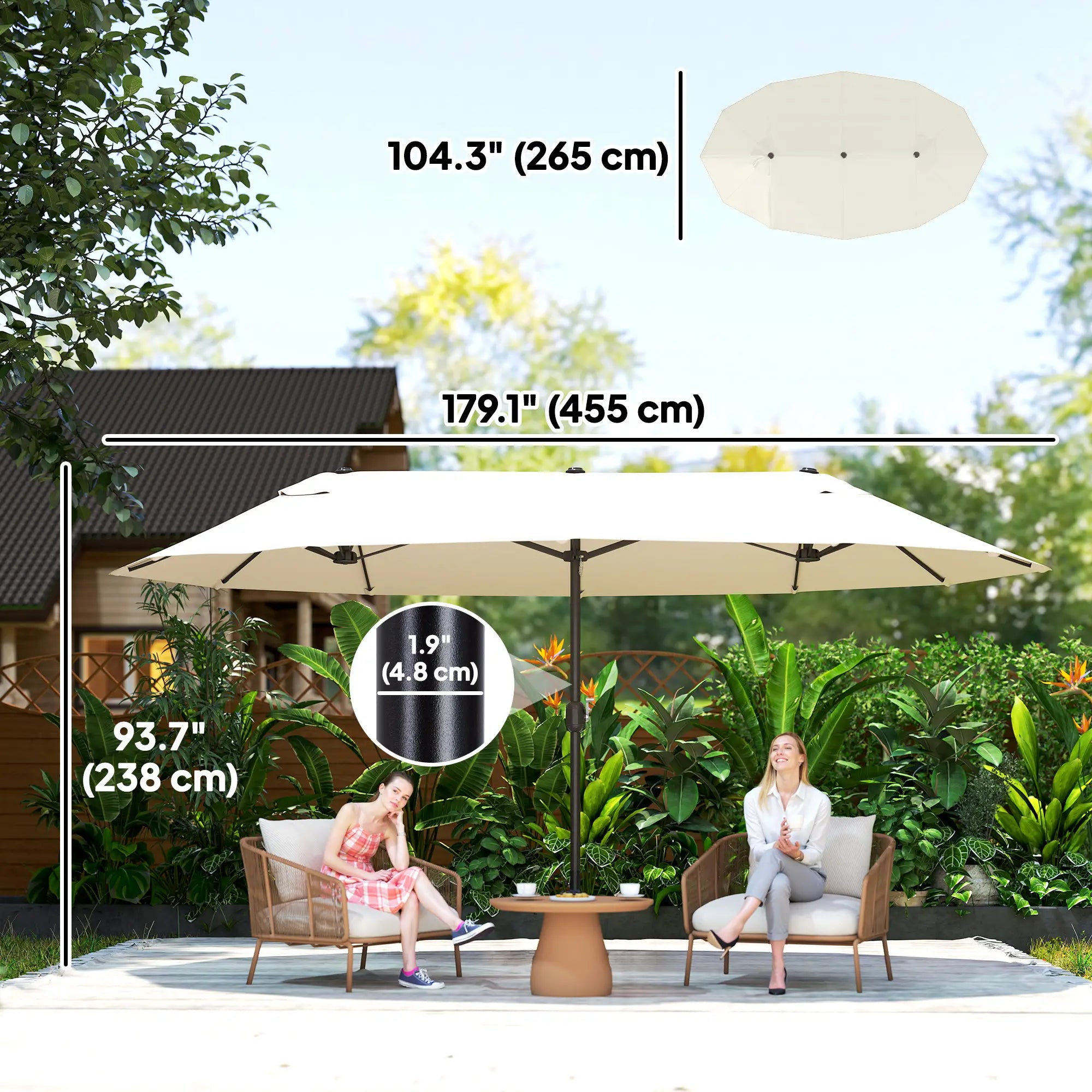 15' Outdoor Patio Umbrella, Twin Canopy Sunshade, Lift Crank, Beige Sun Umbrellas at Gallery Canada