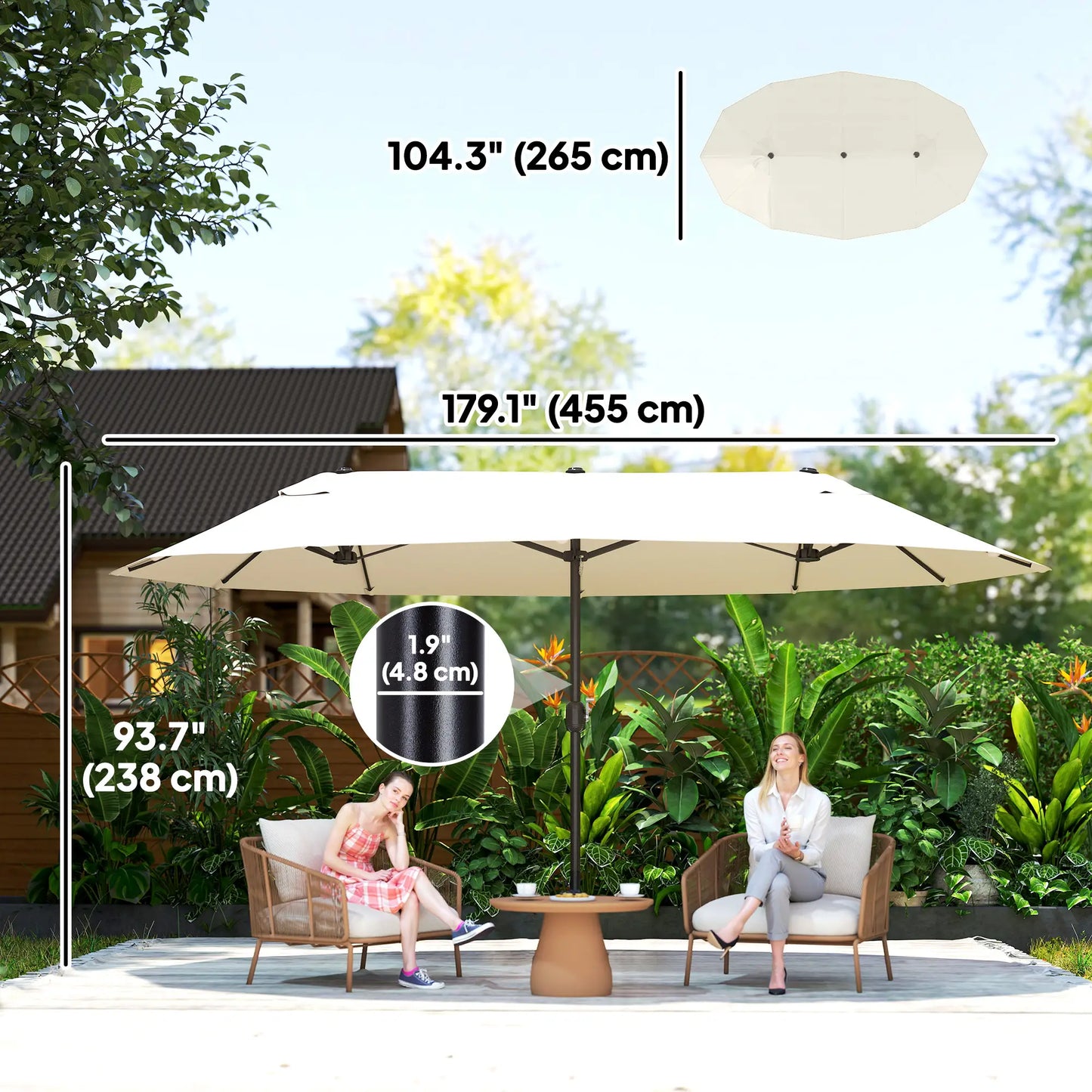 15' Outdoor Patio Umbrella, Twin Canopy Sunshade, Lift Crank, Beige Sun Umbrellas at Gallery Canada
