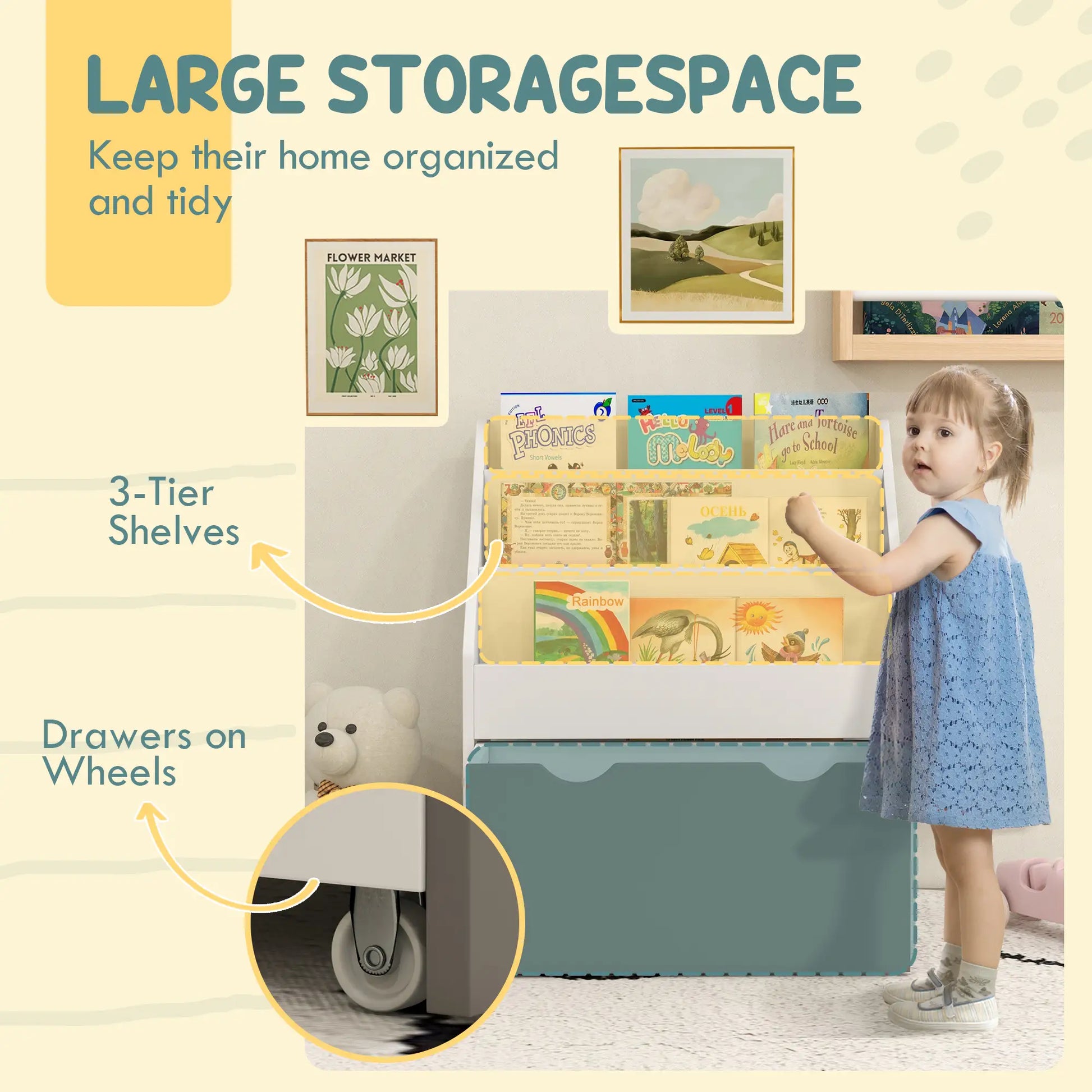 Kids Bookshelf, 3 Tier Display Shelves with Drawer, Grey Baby & Kids Storage at Gallery Canada