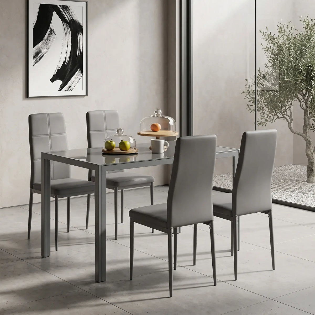 3-Piece Rectangular Glass Dining Table, Metal Frame, Faux Leather Chairs, Grey