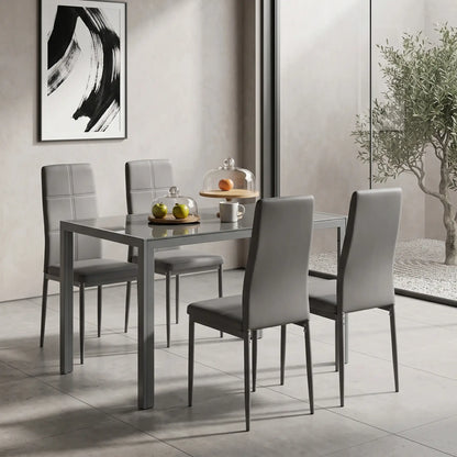 3-Piece Rectangular Glass Dining Table, Metal Frame, Faux Leather Chairs, Grey
