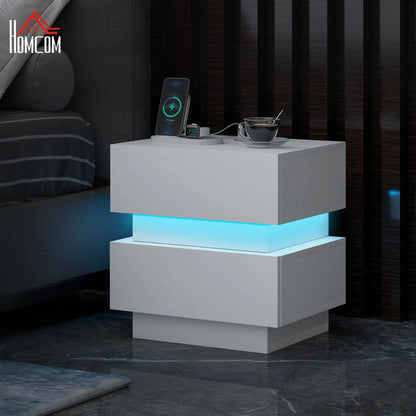 Modern Nightstand with Charging Station, LED Light, USB Ports, White Bedside Tables at Gallery Canada