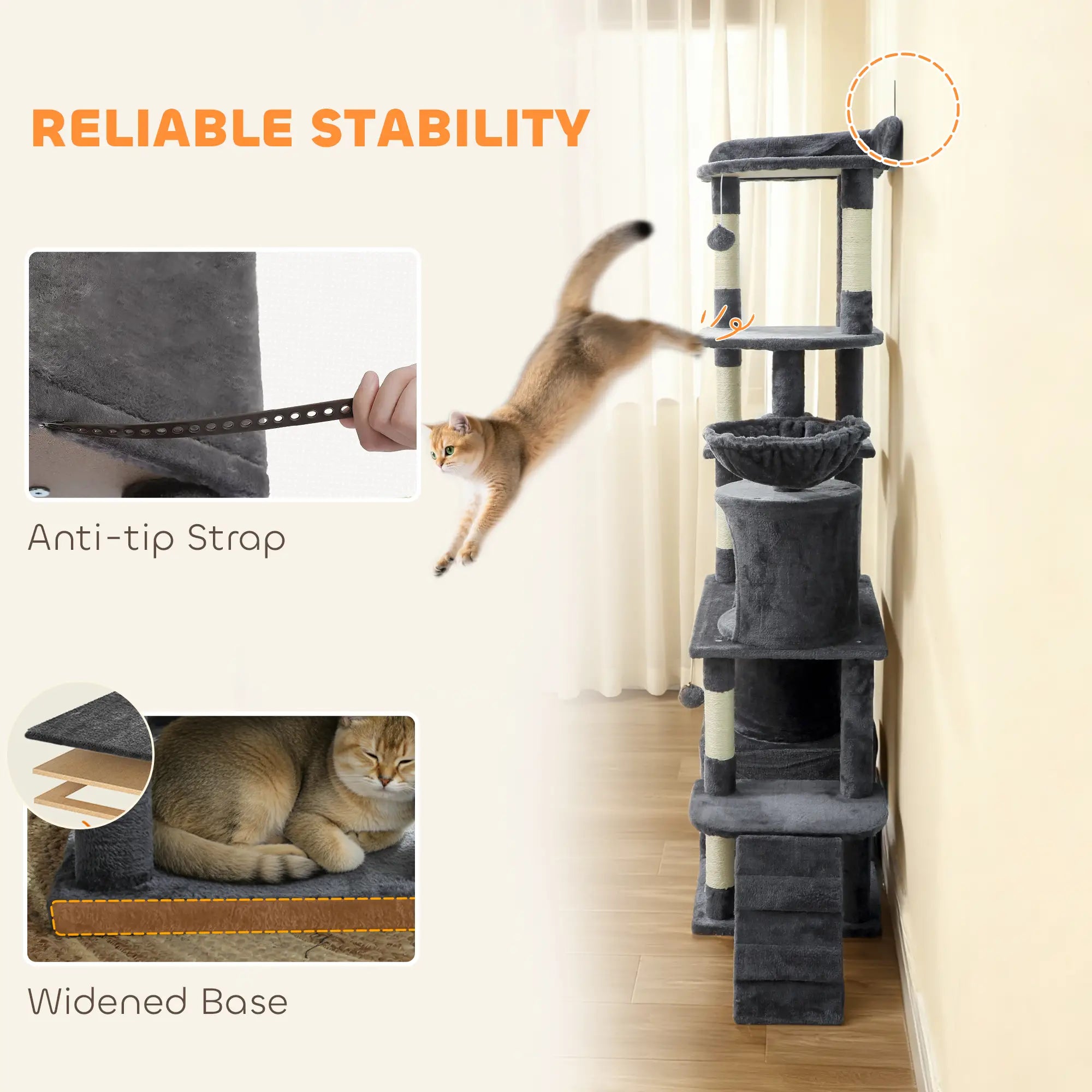 67 Inch Large Cat Tree, 7 Scratching Posts, Tunnel, 2 Condos, Hammock, Dark Grey Cat Towers at Gallery Canada