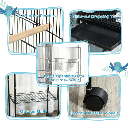 49" Rolling Bird Cage, Cockatoo House, Play Top, Storage Shelf, Wheels, Black Bird Cages at Gallery Canada