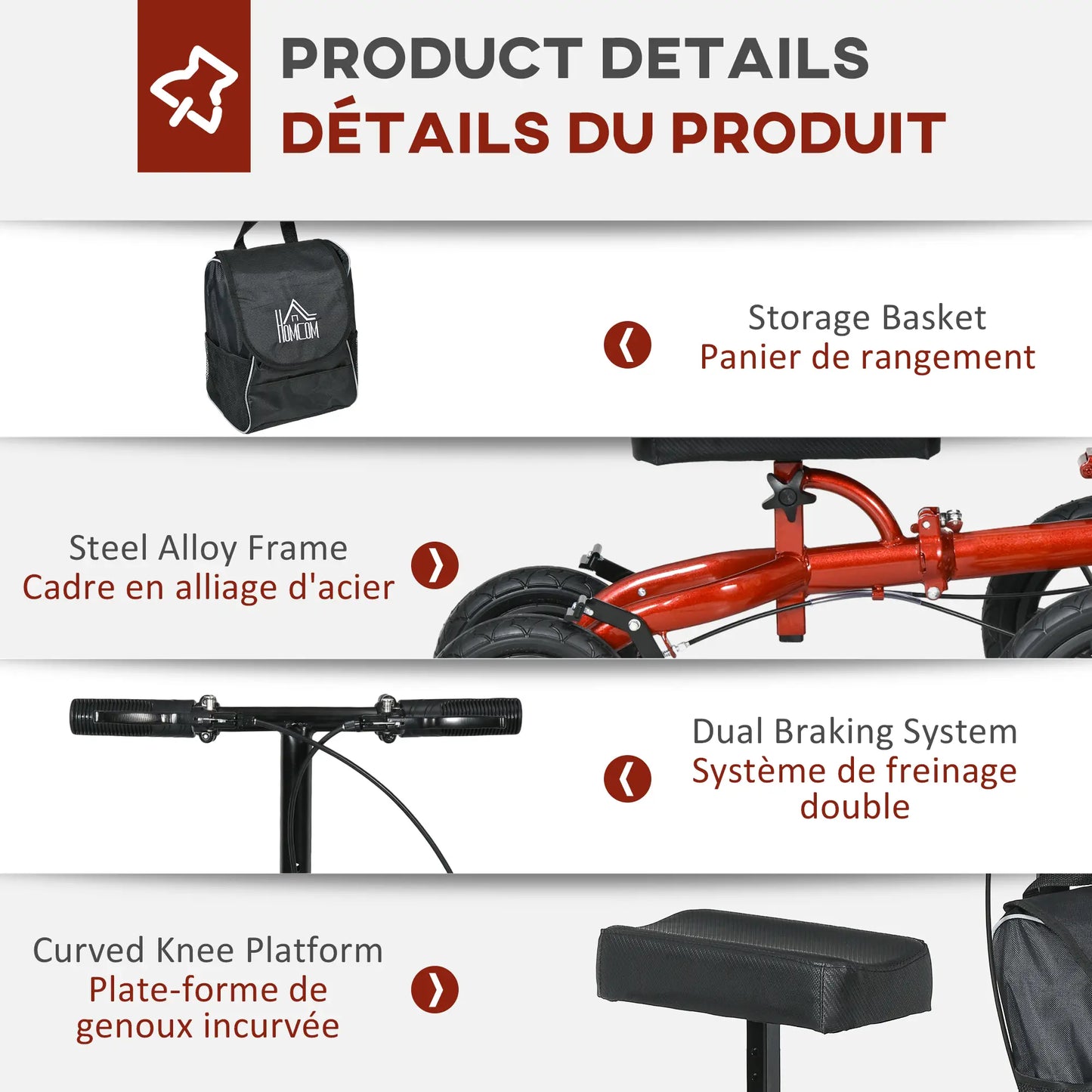 Adjustable Steerable Knee Walker, Foldable, Rubber Wheels, Dual Brake, Red Knee Walker & Wheelchair Ramps at Gallery Canada