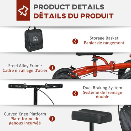 Adjustable Steerable Knee Walker, Foldable, Rubber Wheels, Dual Brake, Red Knee Walker & Wheelchair Ramps at Gallery Canada