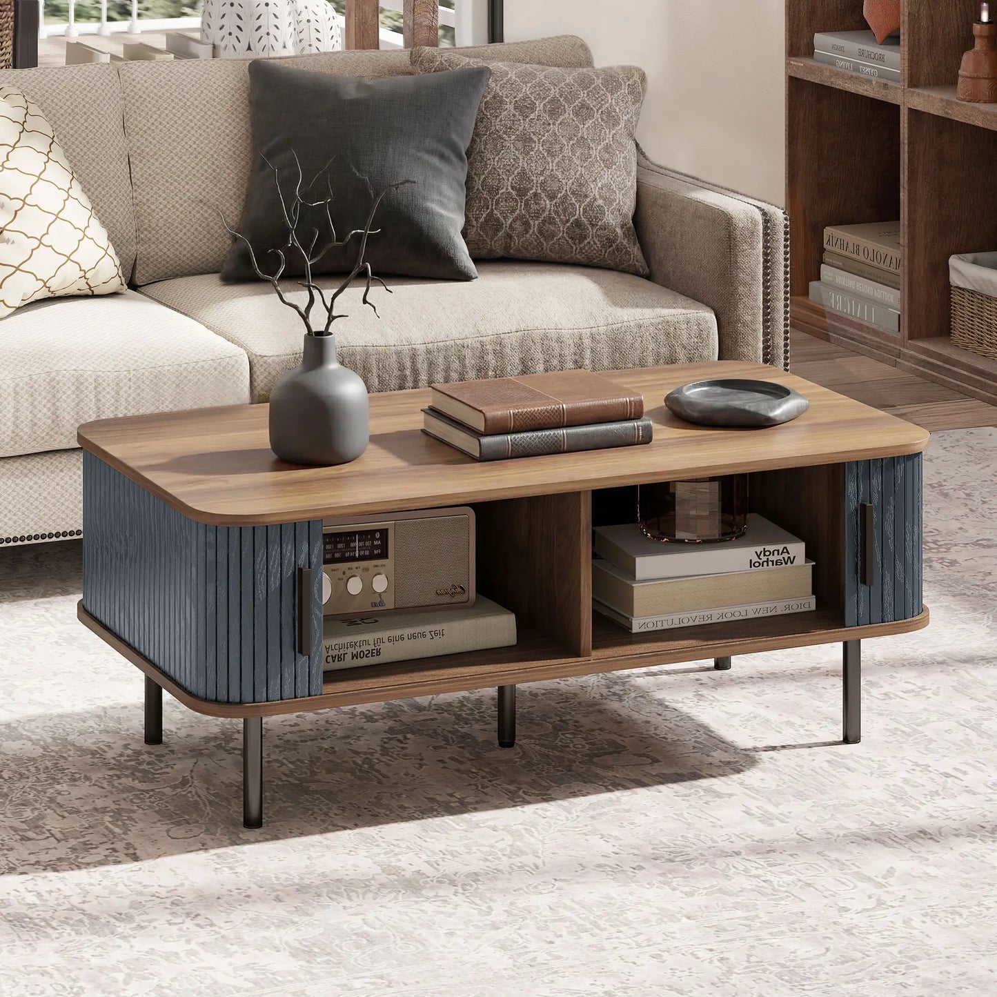 Nordic Side Table with Fluted Tambour Sliding Doors and Steel Legs, Coffee Table with Storage for Living Room, Black Coffee Tables at Gallery Canada