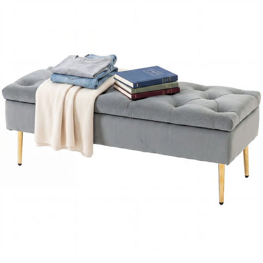 Upholstered Bedroom Bench with Gold Tone Metal Legs, Velvet Tufted and Thick Padding, Grey Storage Ottomans & Benches Grey, Gold Tone at Gallery Canada