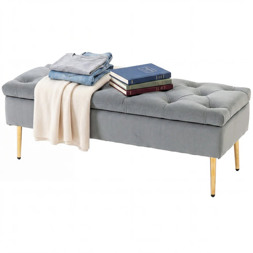 Upholstered Bedroom Bench with Gold Tone Metal Legs, Velvet Tufted and Thick Padding, Grey