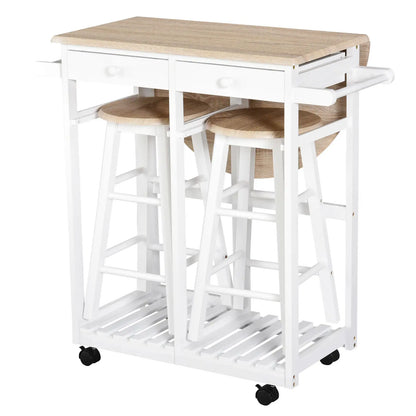 3 Piece Kitchen Cart Set, Drop Leaf Table, 2 Stools, Rolling Wheels, Wood, White Kitchen Islands & Kitchen Carts at Gallery Canada