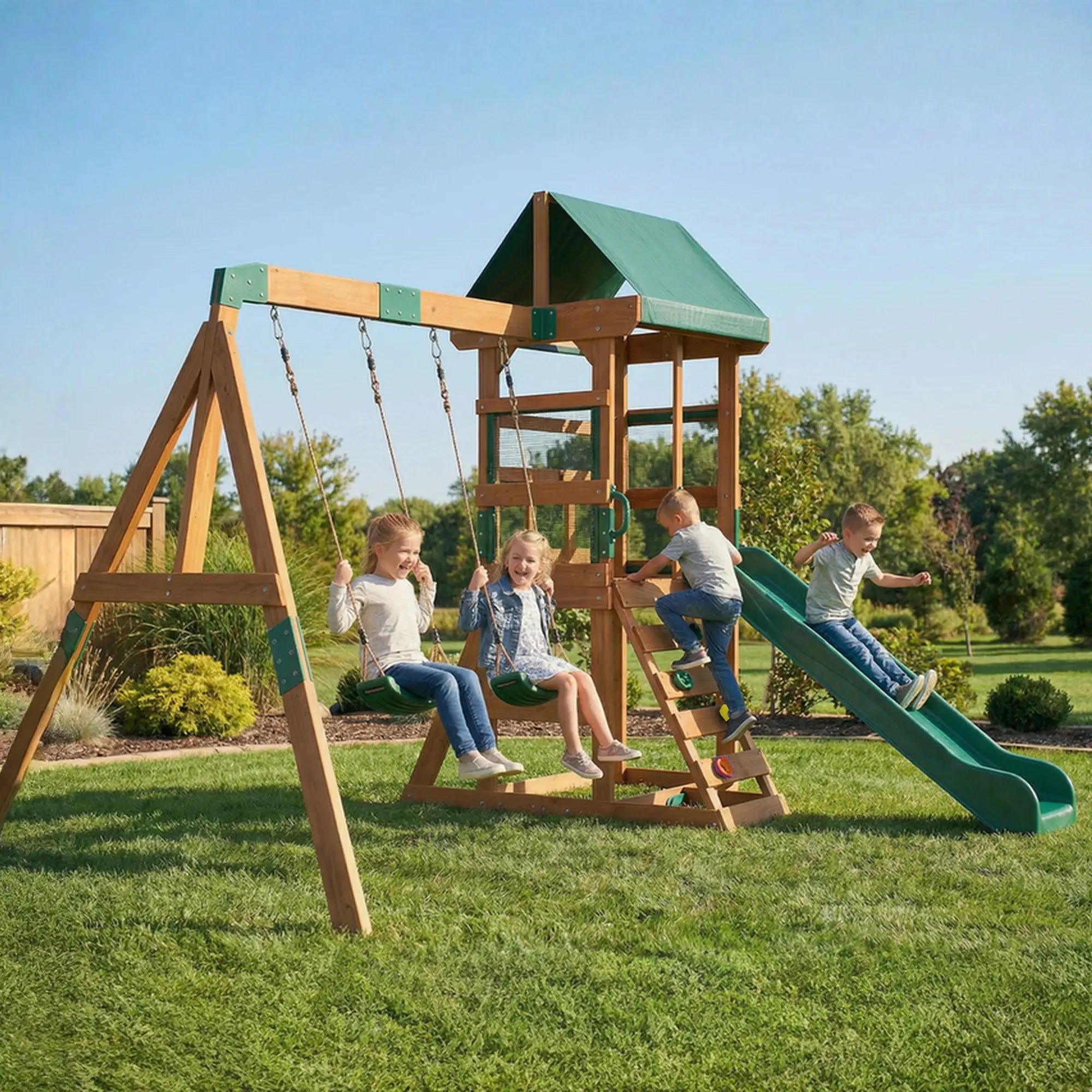 Wood Swing Set With Slide, 2 Swings, Rock Wall, Covered Deck Gym Sets & Swings at Gallery Canada