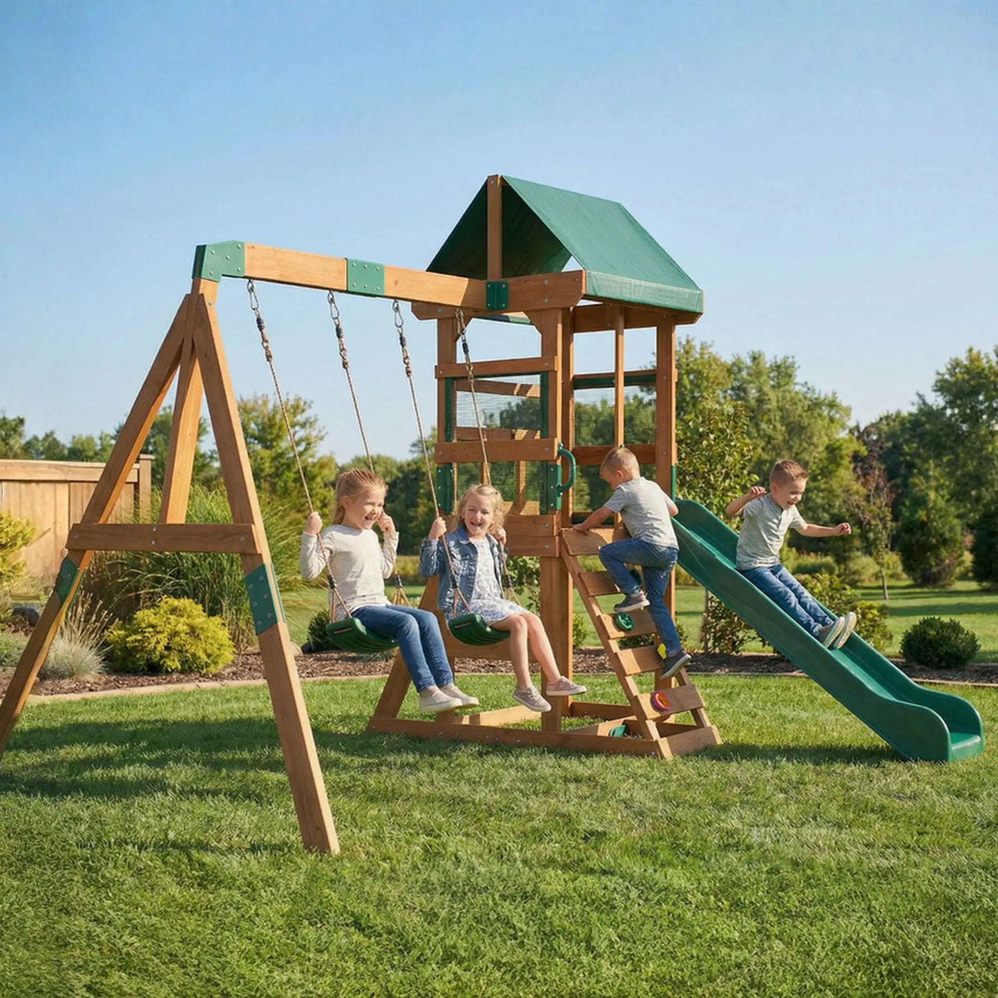 Wood Swing Set With Slide, 2 Swings, Rock Wall, Covered Deck Gym Sets & Swings at Gallery Canada