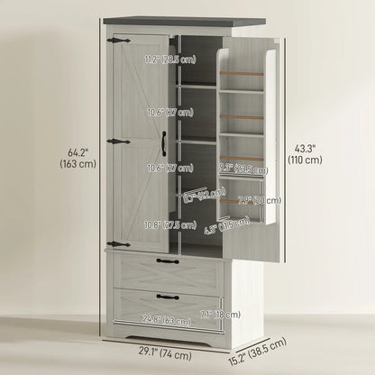 Farmhouse Kitchen Pantry, 64" Freestanding, Distressed, White Kitchen Pantry Cabinets at Gallery Canada