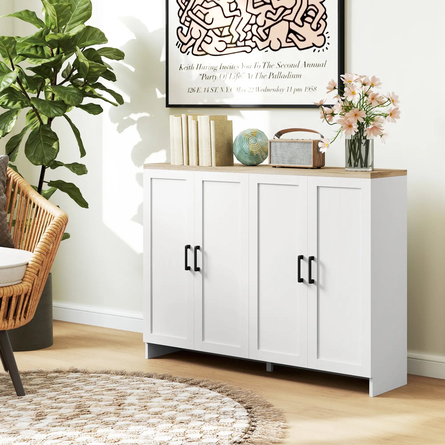 Modern Sideboard Buffet Cabinet, Modern Kitchen Storage Cabinet with 4 Doors Adjustable Shelves, for Dining Room, White Storage Cabinets at Gallery Canada
