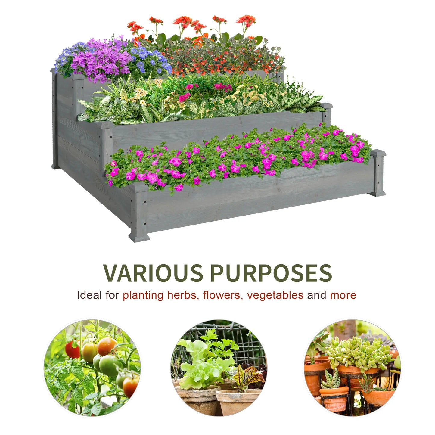 3-Tier Garden Bed Planter Box, 49"x49"x22", Grey Raised Garden Beds at Gallery Canada