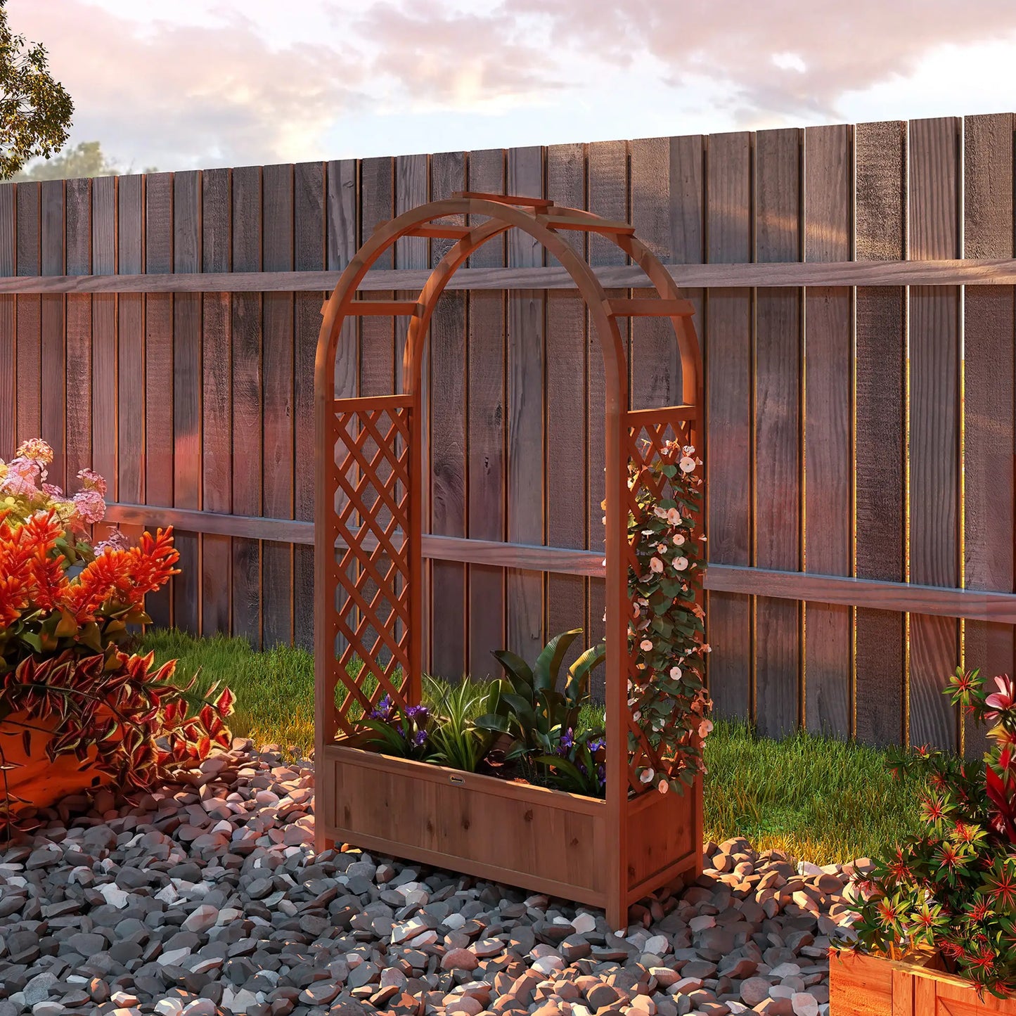 Raised Garden Bed With Arch Trellis, Planter Box, Dark Brown Wood Effect, Dark Brown Wooden Planter Boxes at Gallery Canada