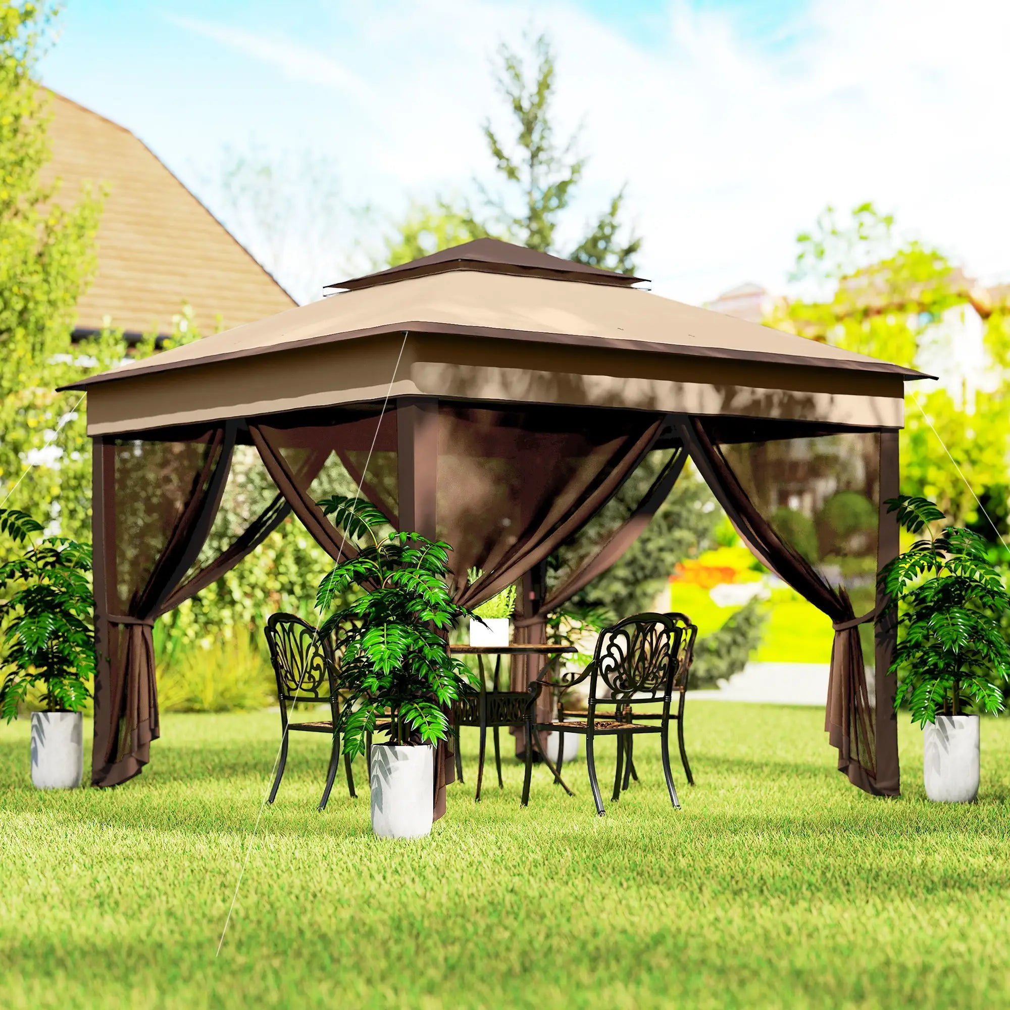 10.7 x 10.7ft Pop Up Gazebo, Adjustable Sun Shelter, UV30+ Roof, Removable Mesh Curtains, Beige Pop Up Canopies at Gallery Canada