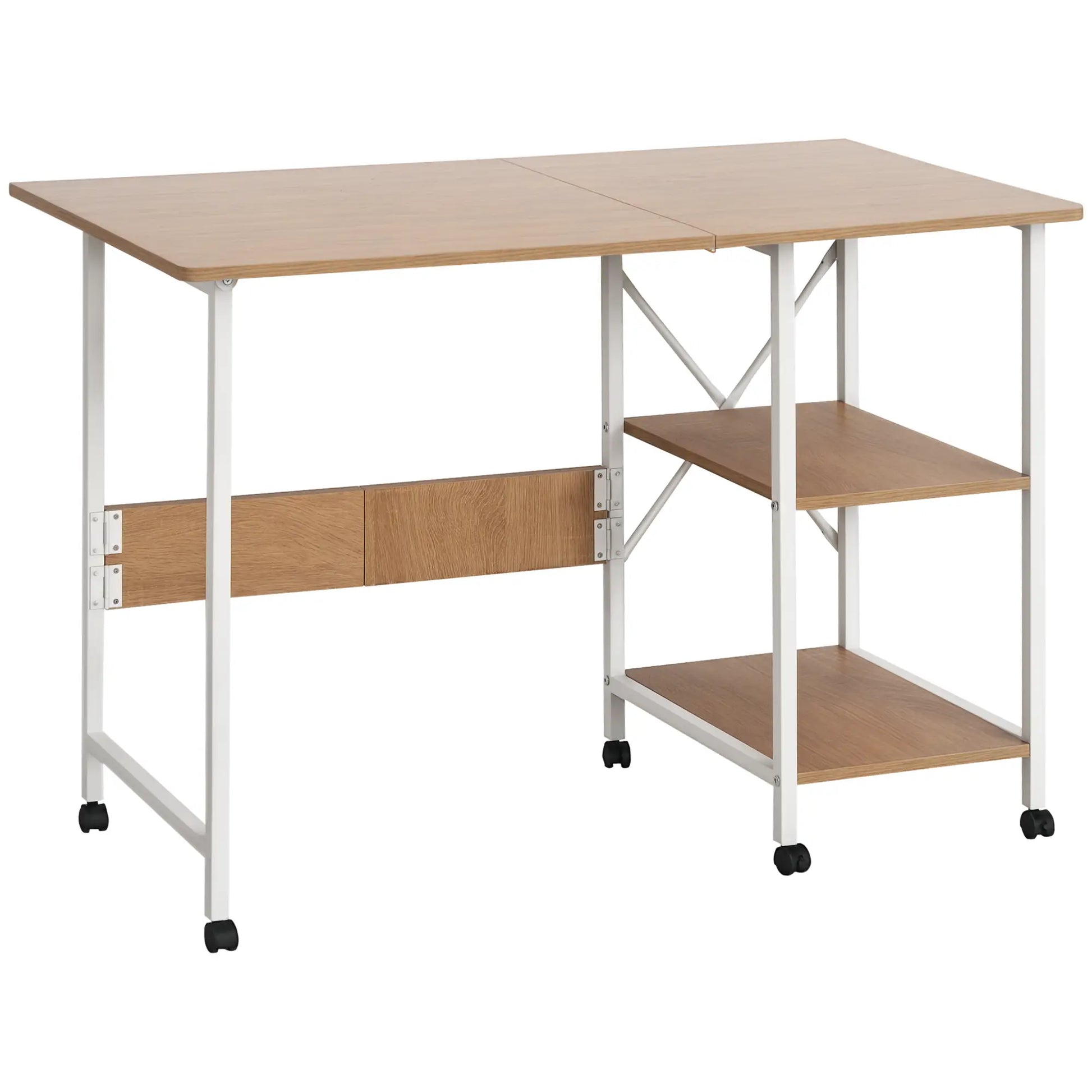 Folding Computer Desk with Storage, Study Writing Table, 6 Wheels, Natural Writing Desks White, Oak at Gallery Canada