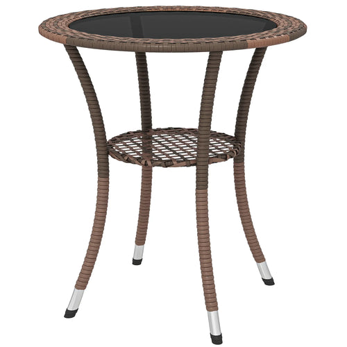 Outdoor Rattan Dining Table, Round Wicker Coffee Table with 2-Tier Shelf, Brown