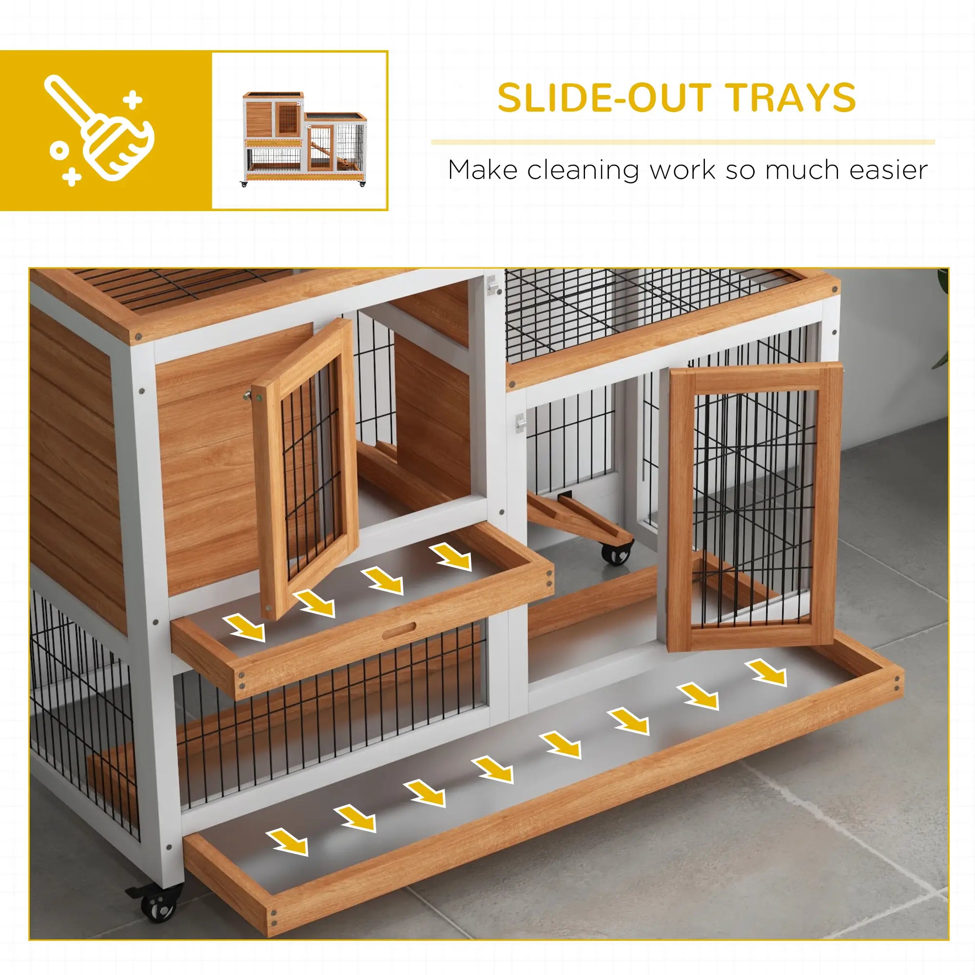 Wooden Rabbit Hutch, Indoor Bunny Cage with Wheels, Pull Out Trays, Yellow Rabbit Hutch at Gallery Canada