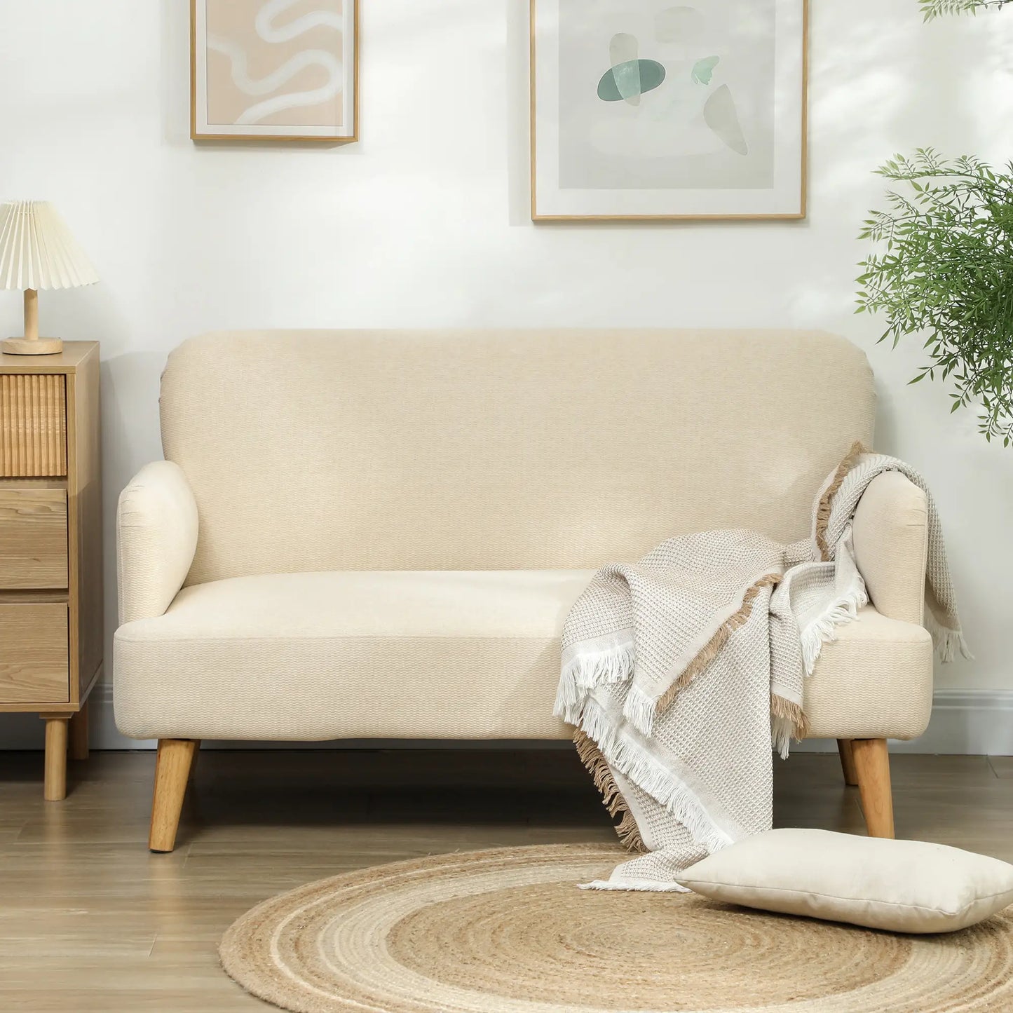 Velvet Fabric 2 Seater Sofa, Small Loveseat 8.3" Thick, Cream White 2-Seater Sofas at Gallery Canada