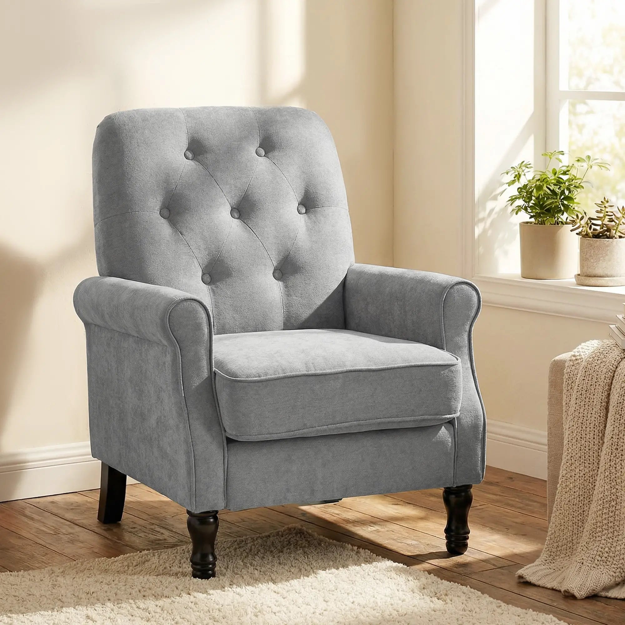 Mid-Century Modern Armchair, Thick Padded Seat, Spring Cushion, Solid Wood Legs, Grey Single Sofas at Gallery Canada