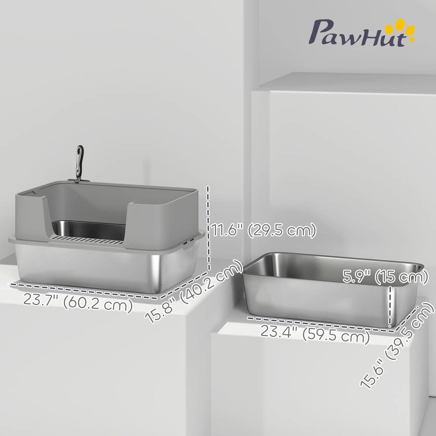 Stainless Steel Cat Litter Box, XL High Sided, 24" x 16" x 12", Grey Cat Litter Box Enclosures at Gallery Canada