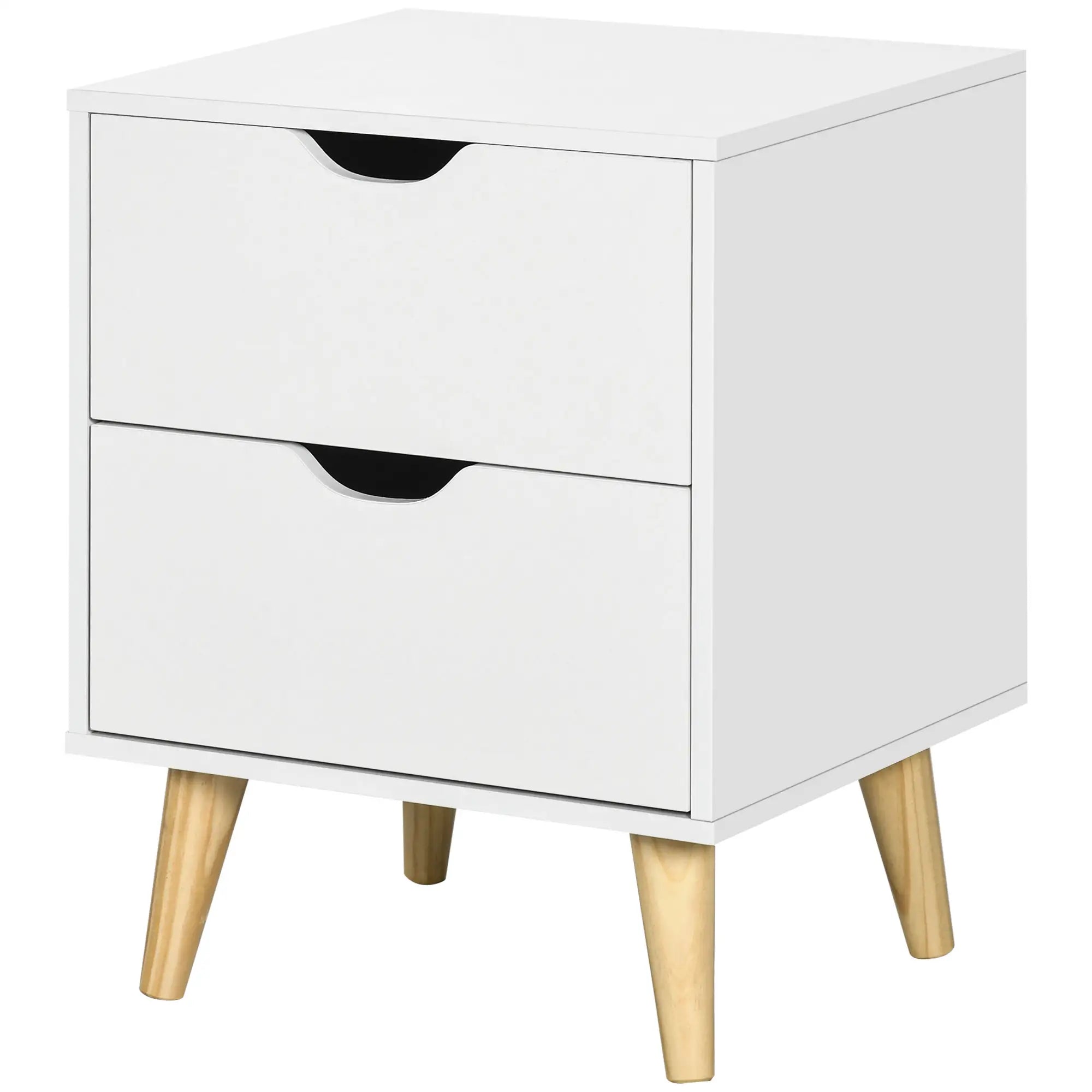 Modern Bedside Table, Nightstand with 2 Drawers, Pine Wood Legs, White Bedside Tables White at Gallery Canada