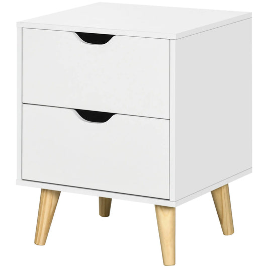 Modern Bedside Table, Nightstand with 2 Drawers, Pine Wood Legs, White Bedside Tables White at Gallery Canada