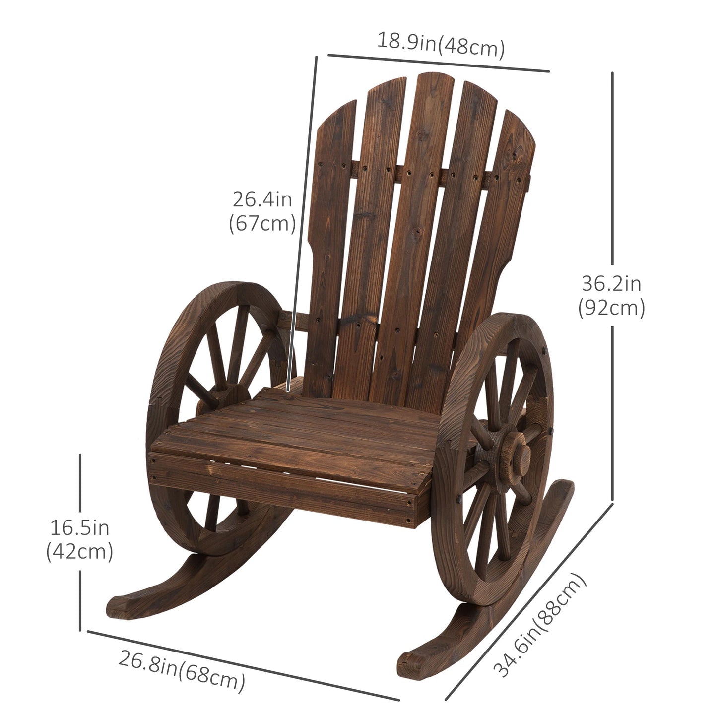 Wooden Rocking Chair, Outdoor Rocker with Slatted Design, Wheel Armrests, Carbonized Outdoor Rocking Chairs at Gallery Canada