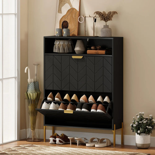 Narrow Shoe Cabinet, 2 Flip Drawers, Adjustable Shelves, Open Compartment, Black