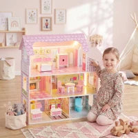 3-Story Dollhouse, LED, 6 Rooms, 8 PCS Accessories Play Houses Pink at Gallery Canada
