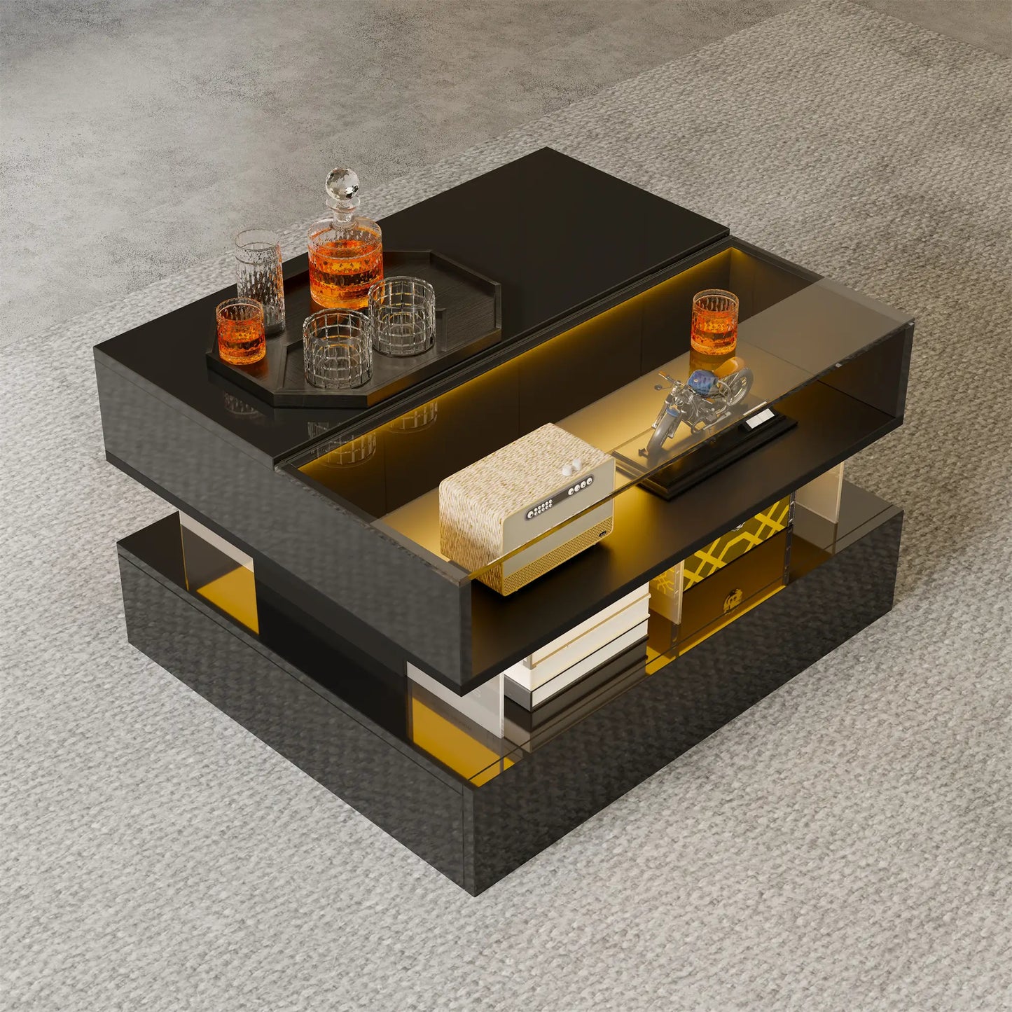 Glass Top LED Coffee Table, Storage Drawer, Adjustable Height, 26" L x 21.5" W x 21.5" H, Black Coffee Tables at Gallery Canada