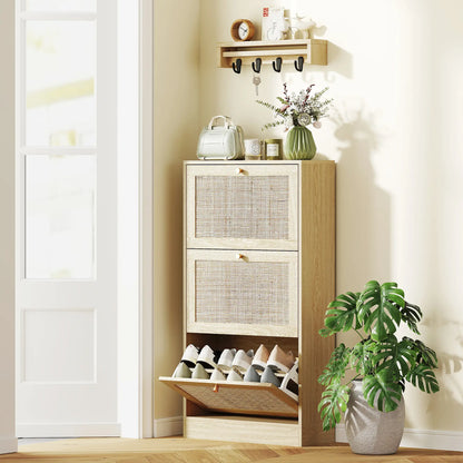 Rattan Shoe Cabinet, 3 Flip Drawers, Adjustable Shelves, 18 Pairs, Oak Shoe Storage Cabinets & Racks at Gallery Canada
