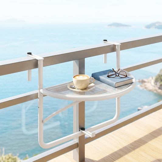 Adjustable Balcony Hanging Table, Metal Wall Desk, Outdoor Flower Stand, Half Round, White Balcony Table Hanging White at Gallery Canada