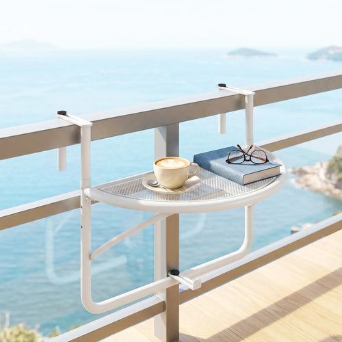 Adjustable Balcony Hanging Table, Metal Wall Desk, Outdoor Flower Stand, Half Round, White
