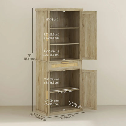 72" Kitchen Storage Cabinet, Rattan Pantry, 4 Doors, Drawer, 5-Tier Shelf, Oak Kitchen Pantry Cabinets at Gallery Canada