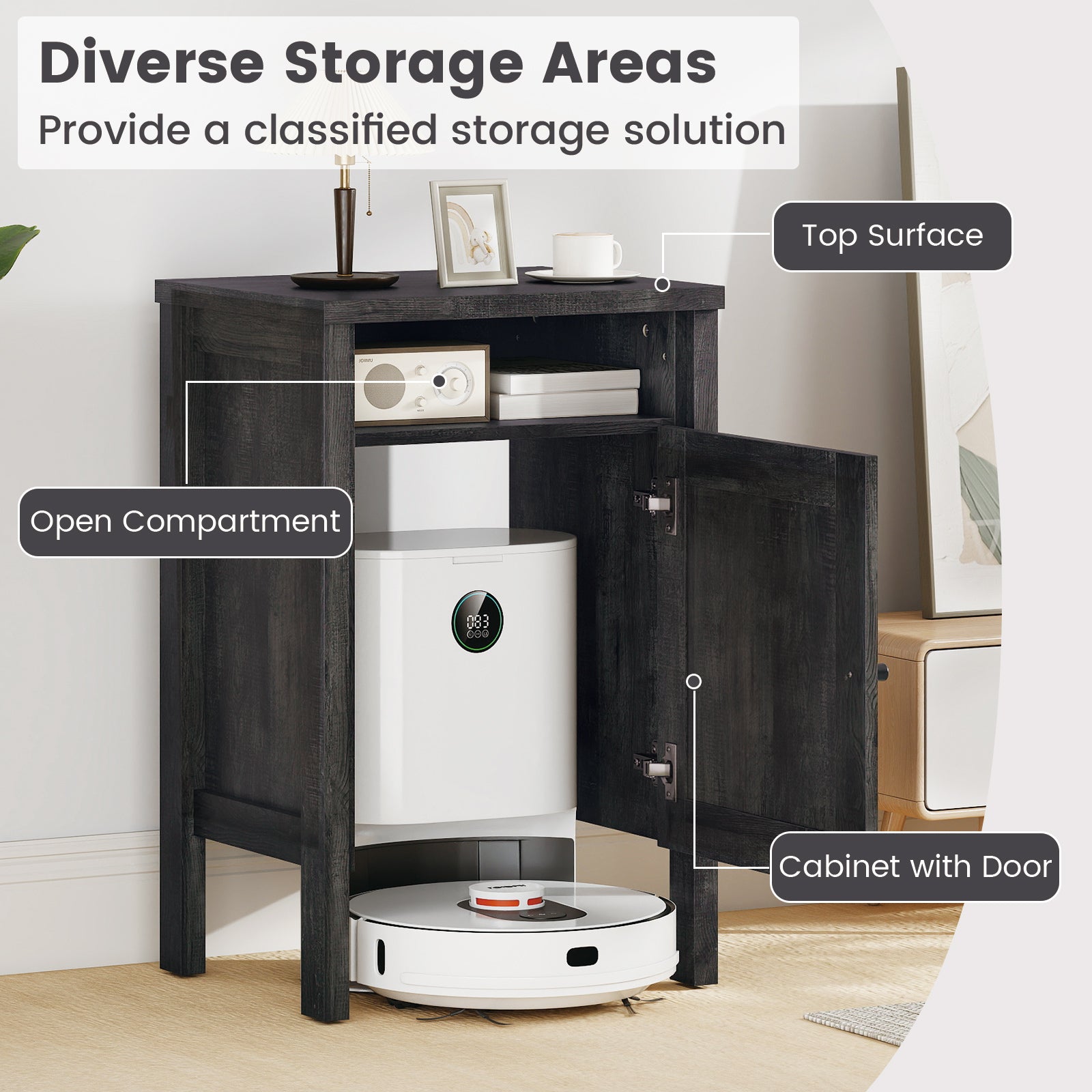 Robot Vacuum Storage Cabinet with Door and Open Shelf for Living Room Bedroom, Dark Gray Cabinets & Chests at Gallery Canada