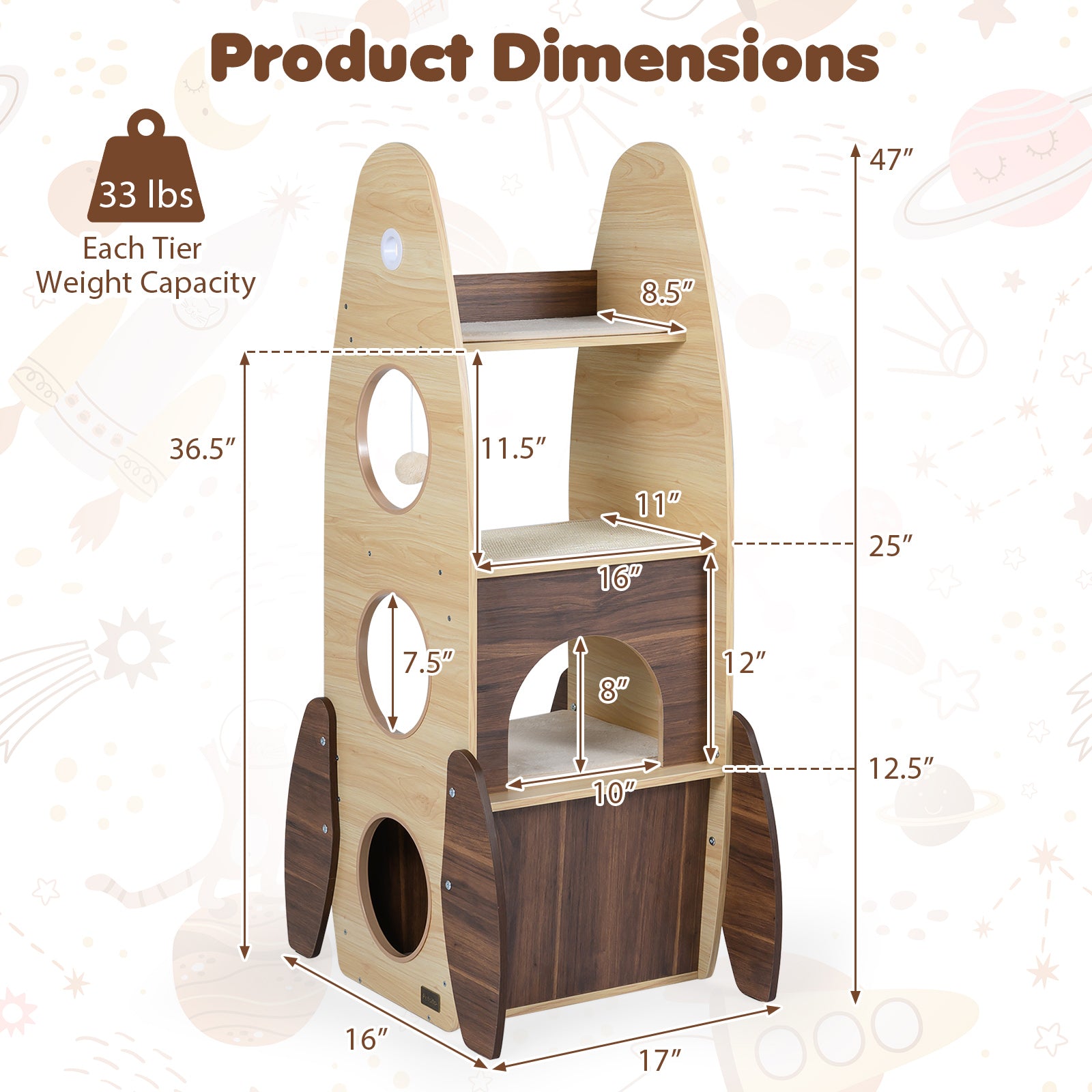 Rocket Cat Tree 47 Inch Large Wooden Cat Tower for Indoor Cats, Natural Cat Trees Condos & Scratchers at Gallery Canada