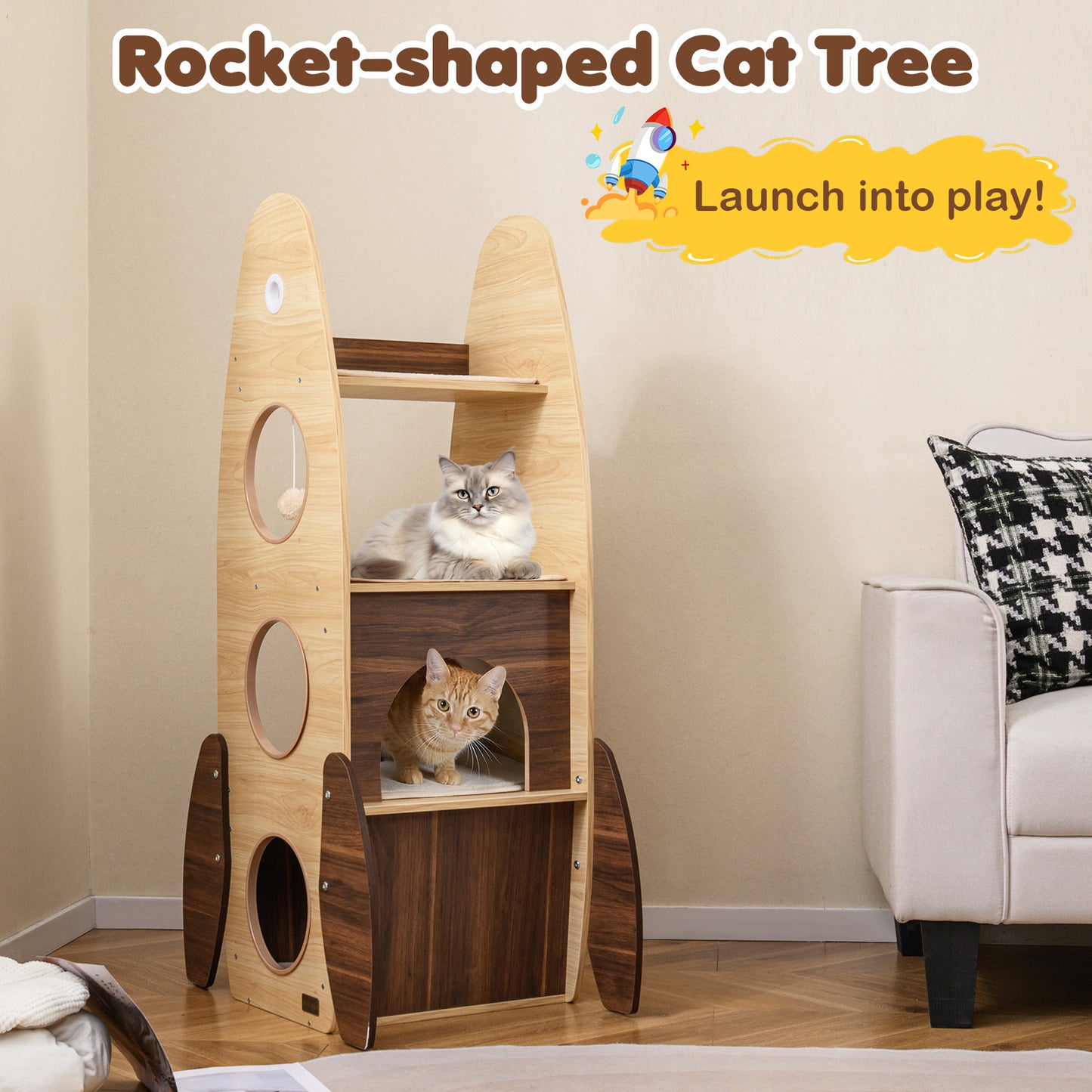 Rocket Cat Tree 47 Inch Large Wooden Cat Tower for Indoor Cats, Natural Cat Trees Condos & Scratchers at Gallery Canada