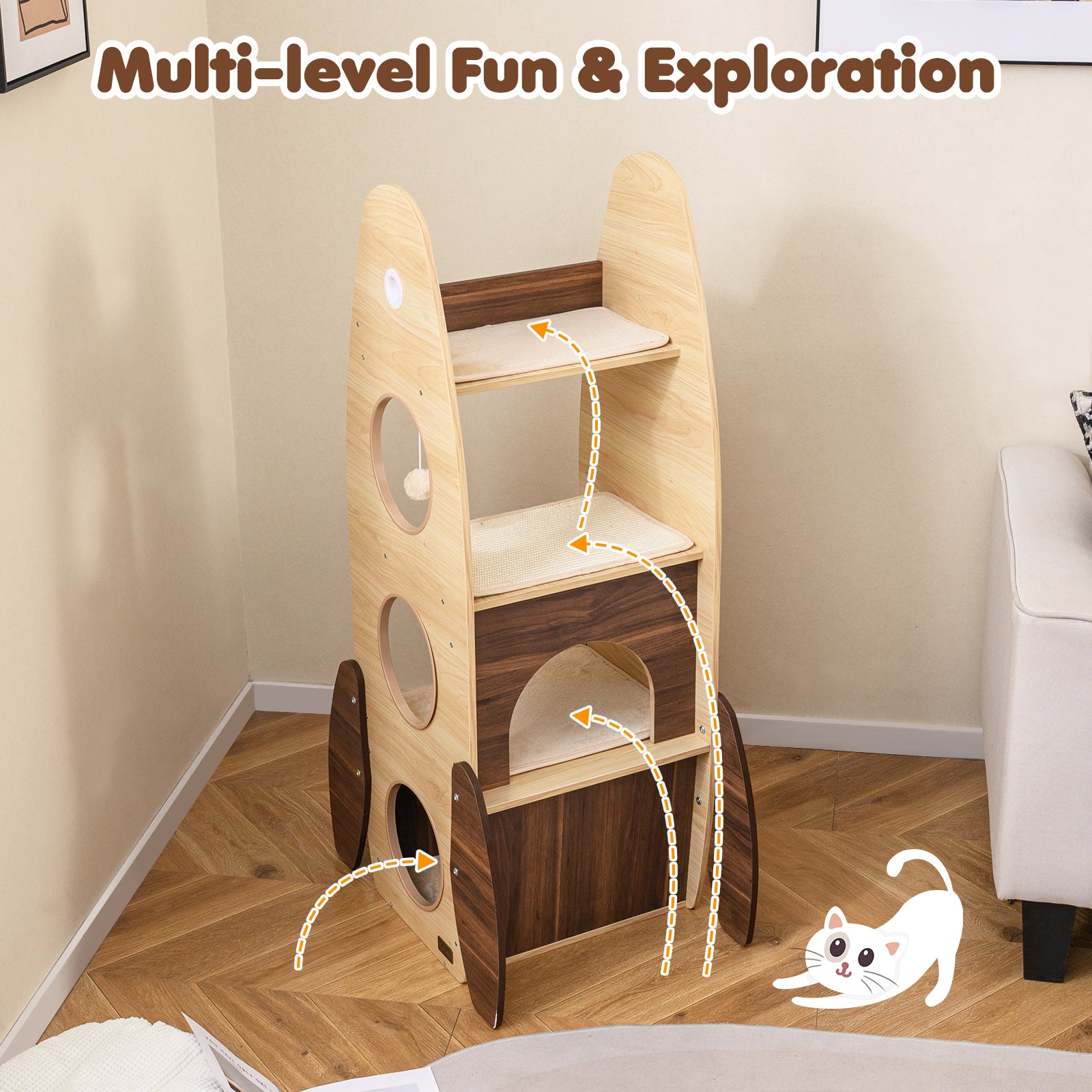 Rocket Cat Tree 47 Inch Large Wooden Cat Tower for Indoor Cats, Natural Cat Trees Condos & Scratchers at Gallery Canada