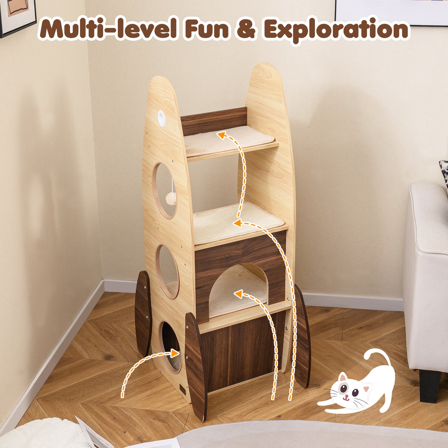 Rocket Cat Tree 47 Inch Large Wooden Cat Tower for Indoor Cats, Natural Cat Trees Condos & Scratchers at Gallery Canada