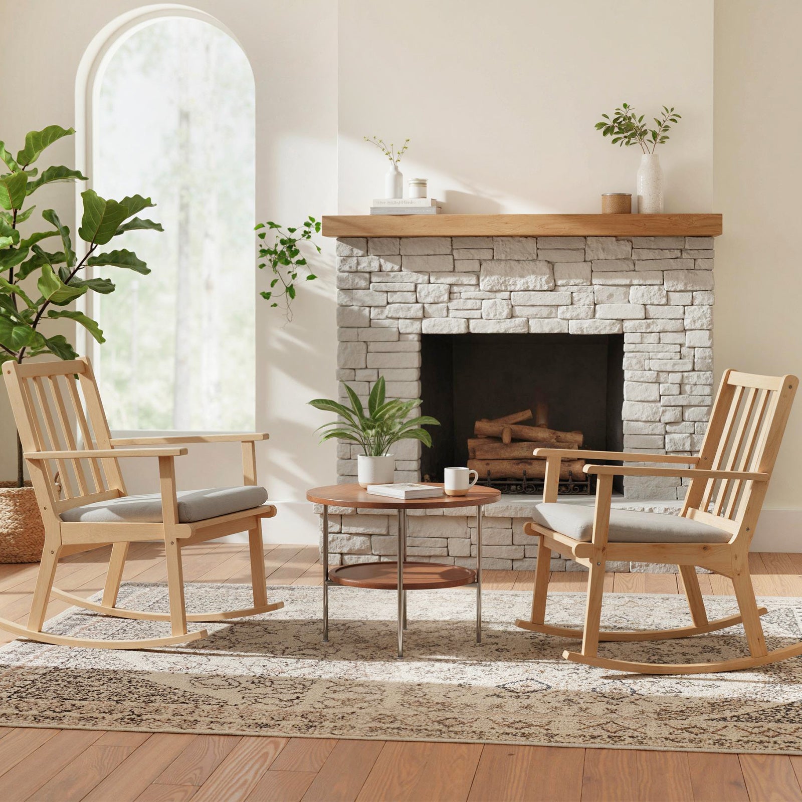 Rocking Chair with Cushion Solid Rubber Wood Rocker with Padded Seat, Natural Accent Chairs at Gallery Canada
