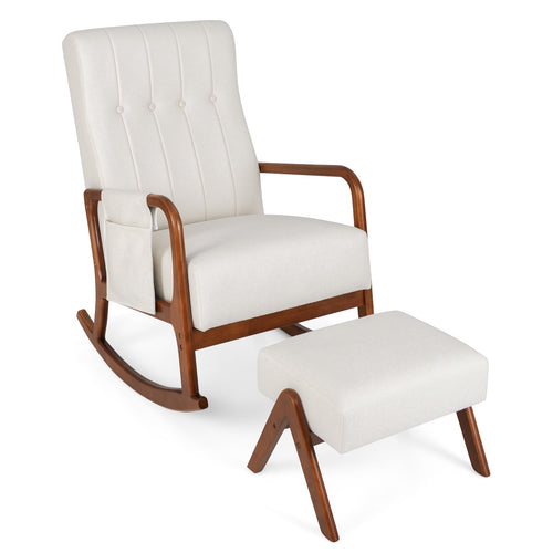Rocking Chair with Ottoman and Solid Rubber Wood Frame and Padded Cushion, Beige