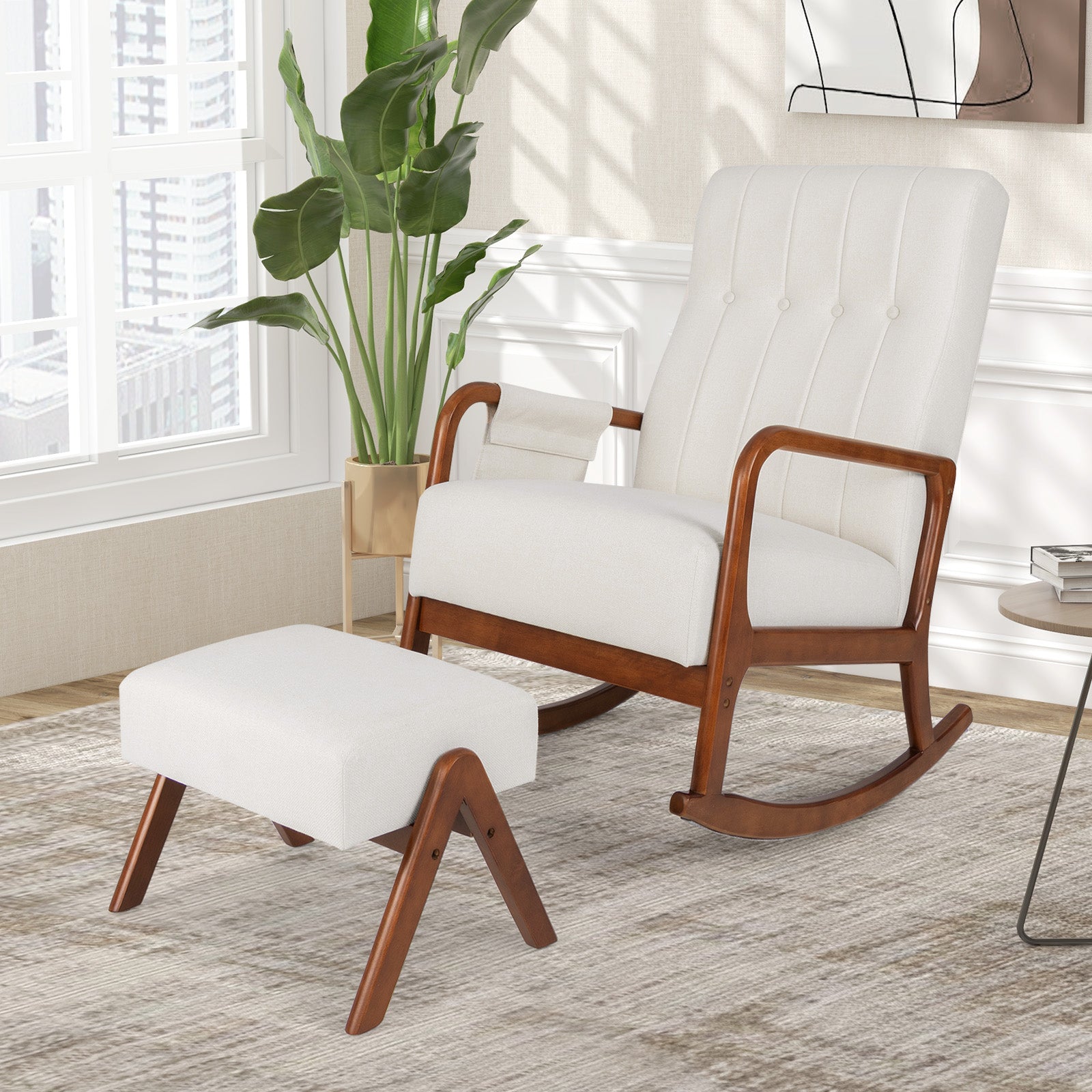 Rocking Chair with Ottoman and Solid Rubber Wood Frame and Padded Cushion, Beige Accent Chairs at Gallery Canada